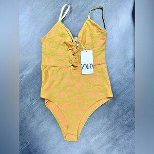 ZARA Bright Lime Green and Orange Floral Adjustable Strap Tank Top Bodysuit